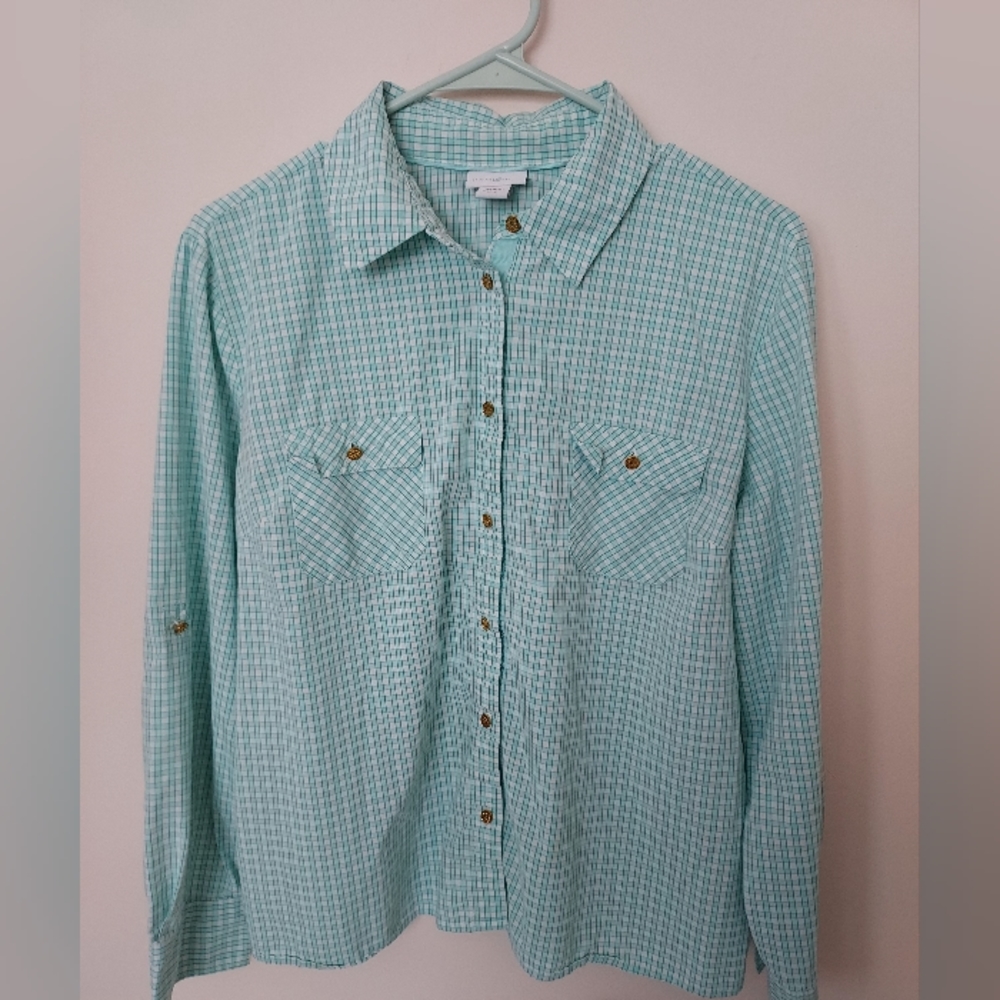 Jaclyn Smith Teal White Checked plaid Tab Sleeve blouse Coastal Fall Minimalist